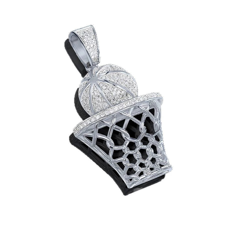 UJJ 925 Sterling Silver Iced Out Basketball & Hoop Hip Hop Pendant
