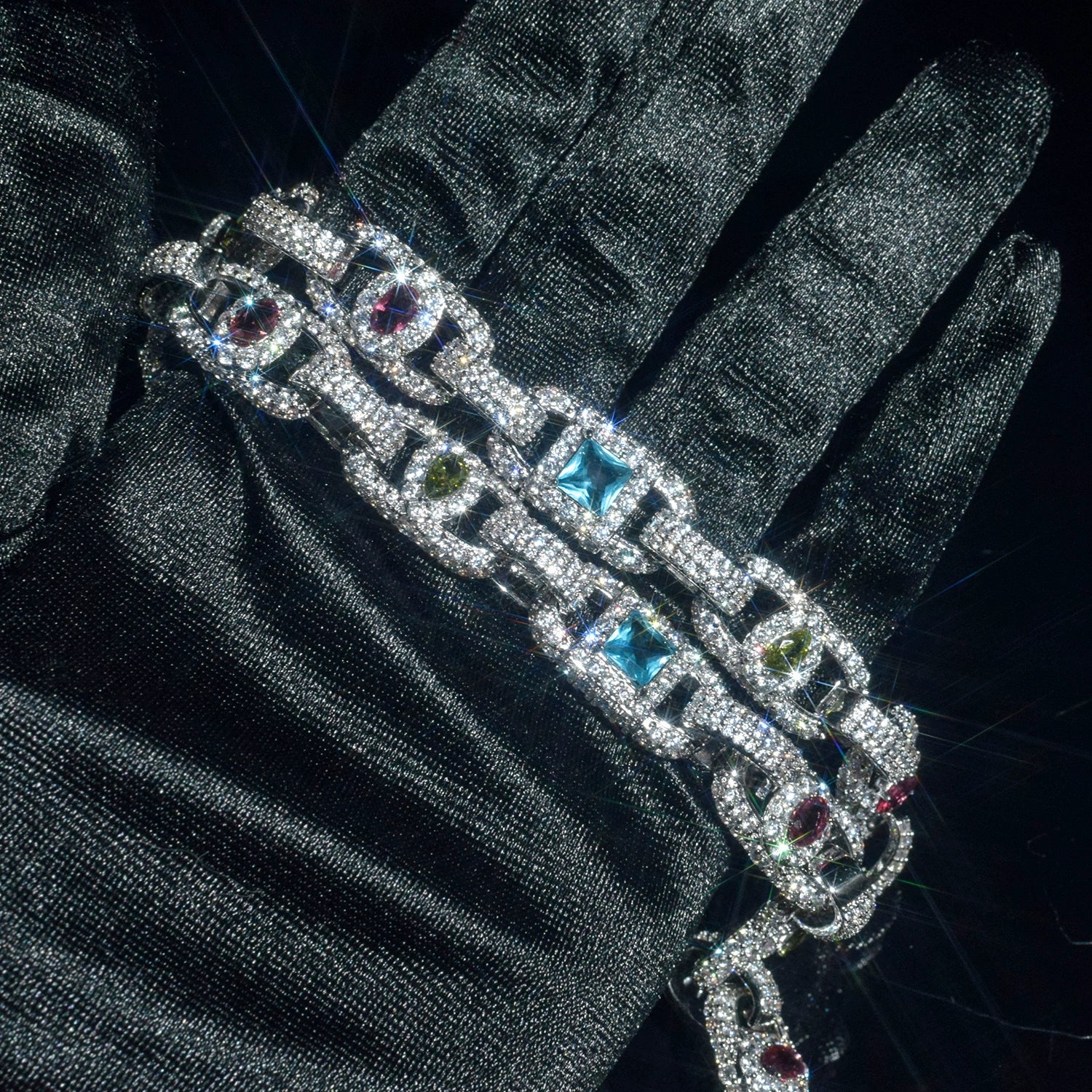 UJJ 925 Sterling Silver Iced Out Multicolor Gemstone Geometric Hip Hop Necklace