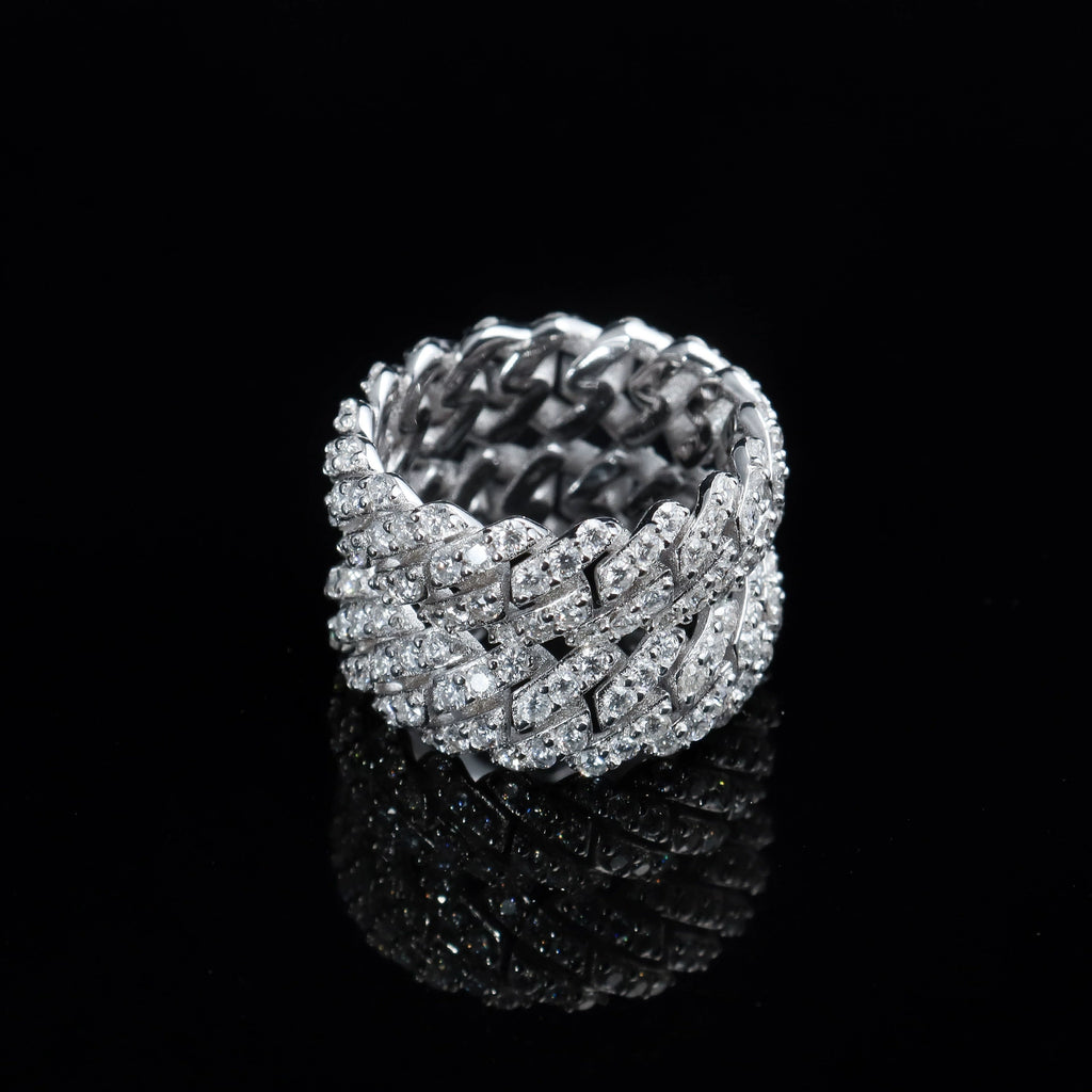 UJJ 925 Sterling Silver Iced Out Cuban Link Geometric Hip Hop Ring