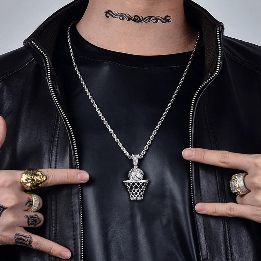 UJJ 925 Sterling Silver Iced Out Basketball & Hoop Hip Hop Pendant