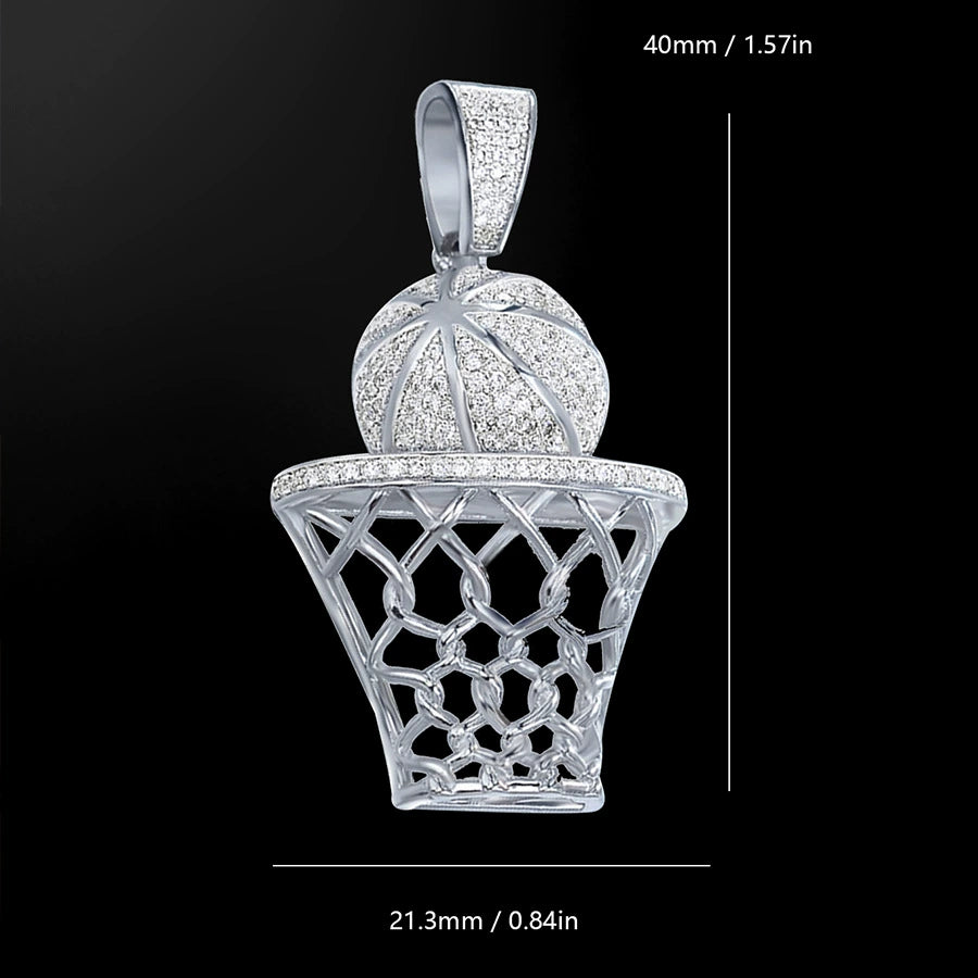 UJJ 925 Sterling Silver Iced Out Basketball & Hoop Hip Hop Pendant