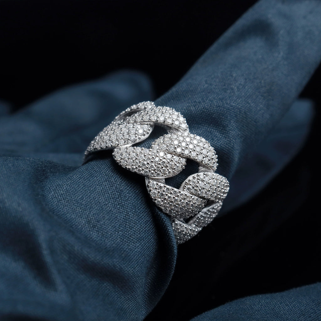 UJJ 925 Sterling Silver Iced Out Cuban Link Hip Hop Ring