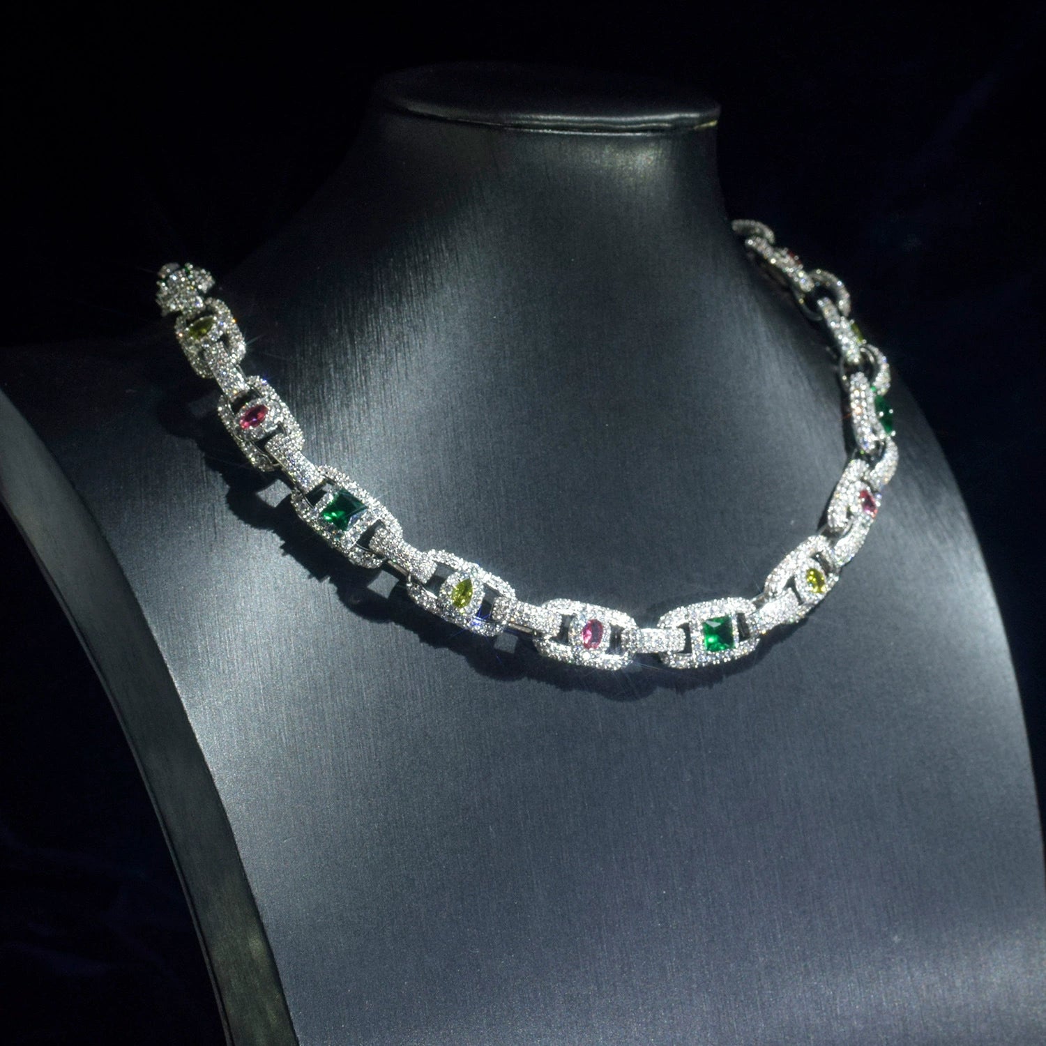 UJJ 925 Sterling Silver Iced Out Multicolor Gemstone Geometric Hip Hop Necklace