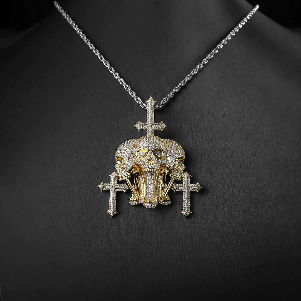 UJJ 925 Sterling Silver Iced Out Skull & Cross Hip Hop Pendant