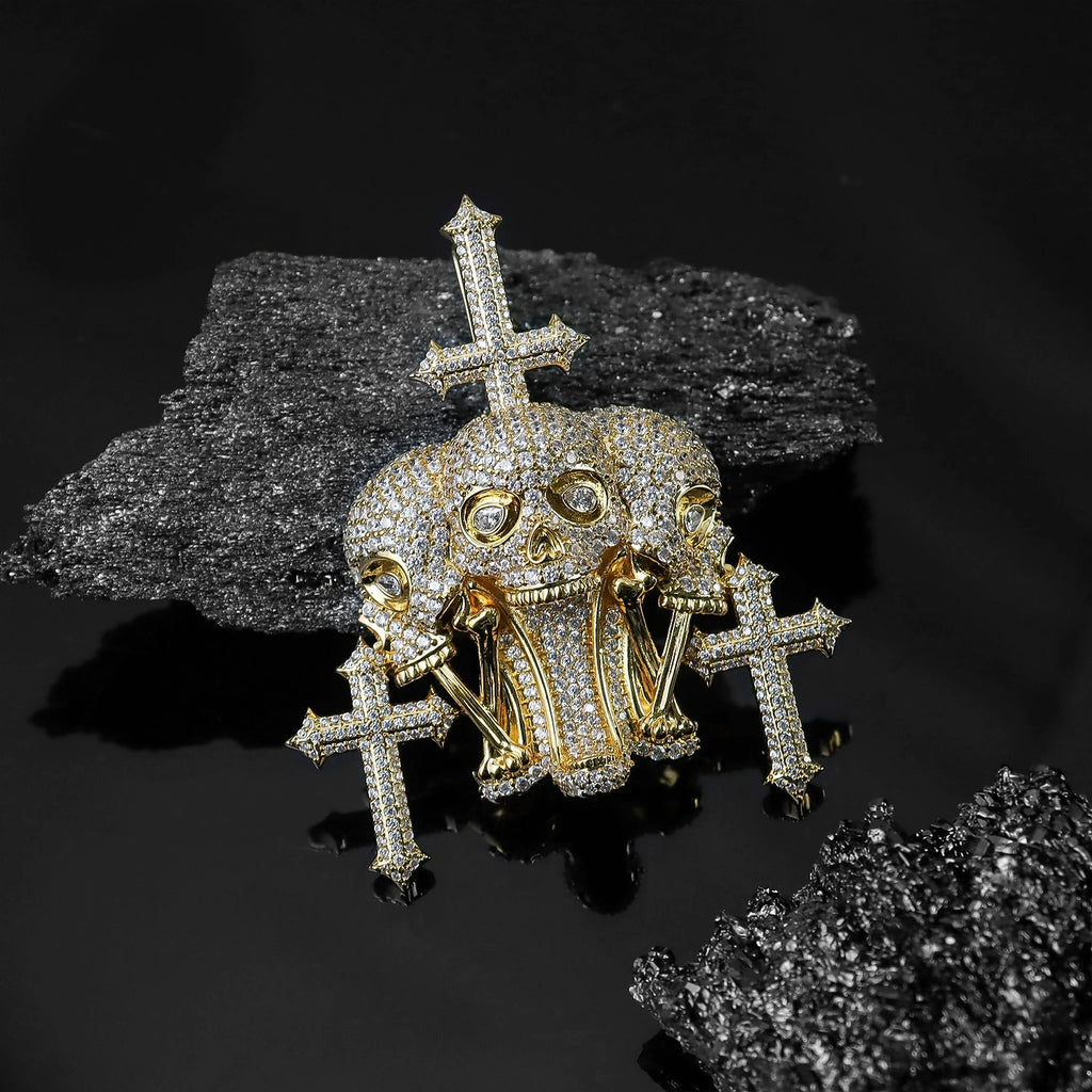UJJ 925 Sterling Silver Iced Out Skull & Cross Hip Hop Pendant