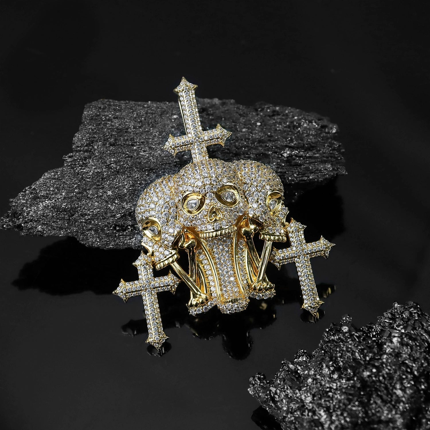 UJJ 925 Sterling Silver Iced Out Skull & Cross Hip Hop Pendant