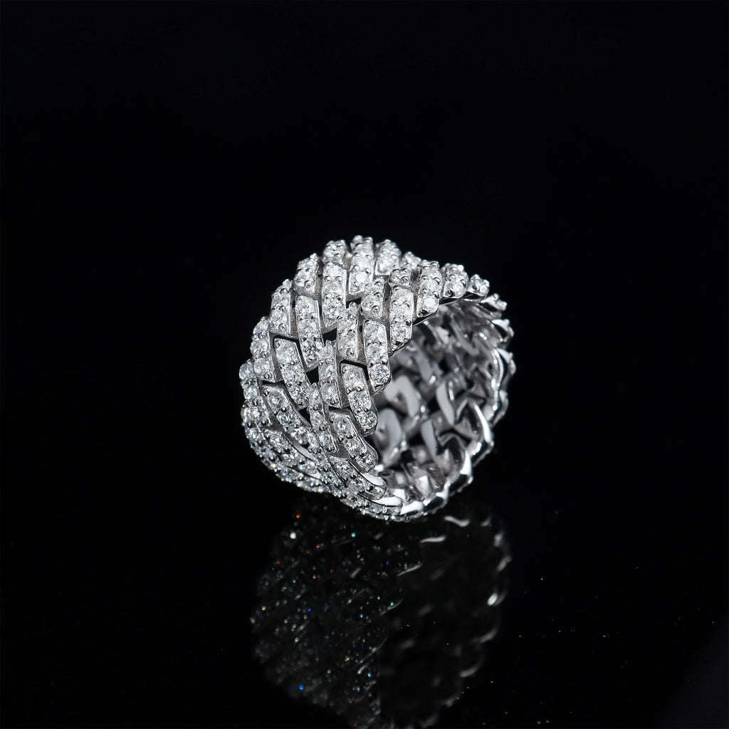 UJJ 925 Sterling Silver Iced Out Cuban Link Geometric Hip Hop Ring