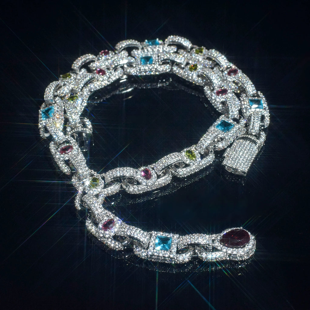 UJJ 925 Sterling Silver Iced Out Multicolor Gemstone Geometric Hip Hop Necklace