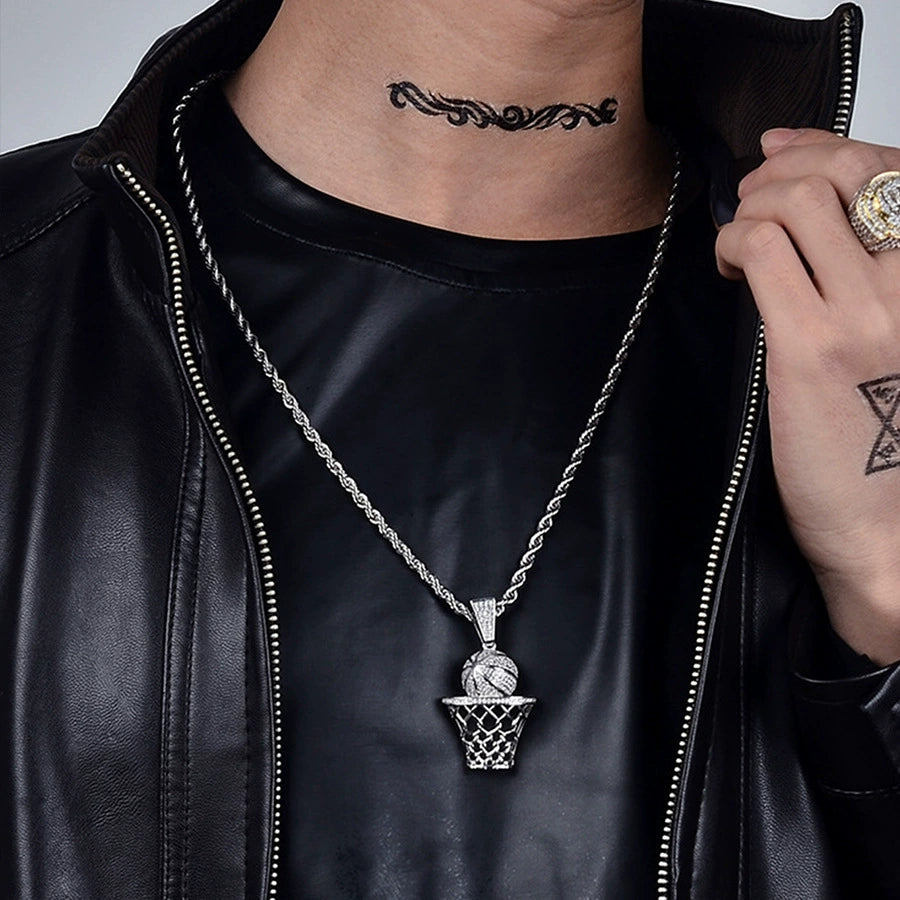 UJJ 925 Sterling Silver Iced Out Basketball & Hoop Hip Hop Pendant