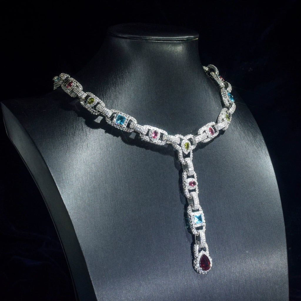 UJJ 925 Sterling Silver Iced Out Multicolor Gemstone Geometric Hip Hop Necklace
