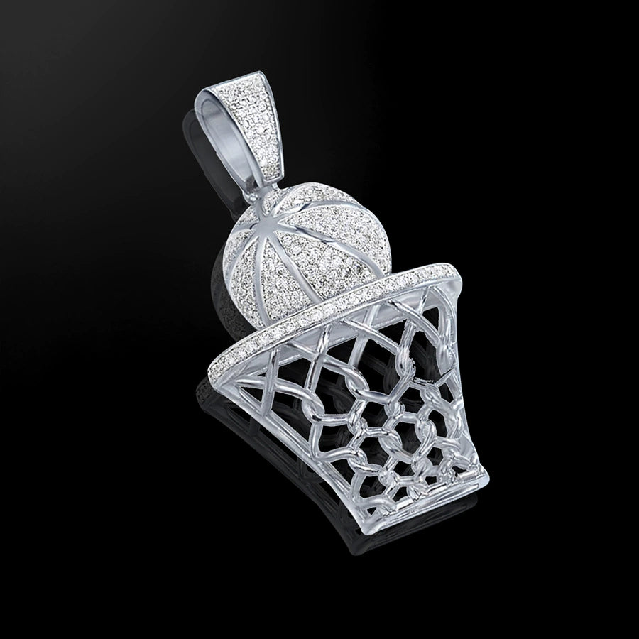 UJJ 925 Sterling Silver Iced Out Basketball & Hoop Hip Hop Pendant